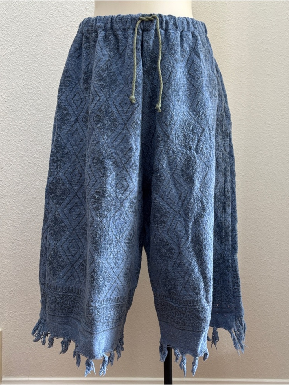 Blue Textured Boho Wide-Leg Long Shorts